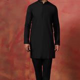 Black Jacquard Solid Sherwani Set