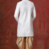 White And Beige Cotton Blend Embroidered Sherwani Set