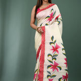 White Pure Silk Saree With Floral Painted Design