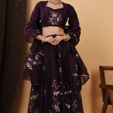 Dark Wine Hand Painted Floral Chanderi Lehenga Set