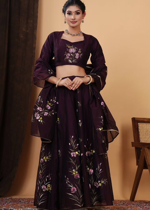 <img> Dark Wine Hand Painted Floral Chanderi Lehenga Set