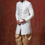 White And Beige Cotton Blend Embroidered Sherwani Set