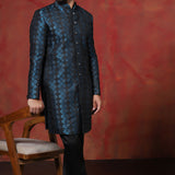 Prussian Blue Cotton Blend Printed Sherwani Set