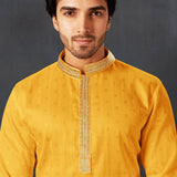 Turmeric Yellow Cotton Kurta Set With Embroidered Neck