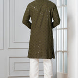 Olive Green Cotton Silk Embroidered Kurta Set