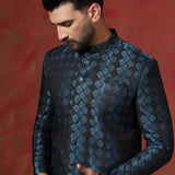 Prussian Blue Cotton Blend Printed Sherwani Set