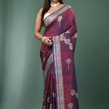 Wine Katan Silk Saree With Printed Design