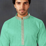 Sea Green Cotton Kurta Set With Embroidered Neck