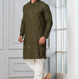 Olive Green Cotton Silk Embroidered Kurta Set