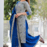 Grey And Blue Floral Printed Cotton Palazzo And Kurta Set