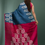 Denim Blue Pure Silk Saree With Block Print