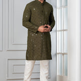 Olive Green Cotton Silk Embroidered Kurta Set