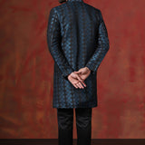 Prussian Blue Cotton Blend Printed Sherwani Set