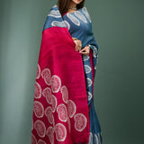 Denim Blue Pure Silk Saree With Block Print