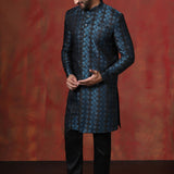 Prussian Blue Cotton Blend Printed Sherwani Set