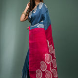 Denim Blue Pure Silk Saree With Block Print