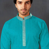 Turquoise Blue Cotton Kurta Set With Embroidered Neck