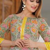 Green Cotton Floral Printed Kurta Set With Yellow Palazzo And Dupatta
