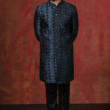 Prussian Blue Cotton Blend Printed Sherwani Set