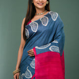 Denim Blue Pure Silk Saree With Block Print