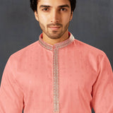Peachy Pink Cotton Kurta Set With Embroidered Neck