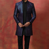 Black Jacquard Solid Sherwani Set