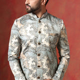 Ash Grey And Cream Printed Cotton Blend Sherwani Set