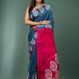 Denim Blue Pure Silk Saree With Block Print