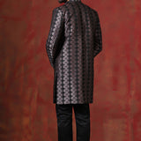 Wine Black Cotton Blend Printed Sherwani Set