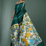 Dark Teal Pure Silk Saree With Stripes Design