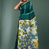 Dark Teal Pure Silk Saree With Stripes Design