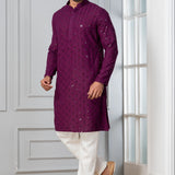 Purple Cotton Silk Embroidered Kurta Set