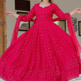 Dark Pink Rayon Long Traditional Kurti With Dupatta