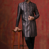 Wine Black Cotton Blend Printed Sherwani Set