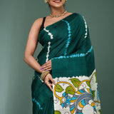 Dark Teal Pure Silk Saree With Stripes Design