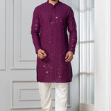 Purple Cotton Silk Embroidered Kurta Set