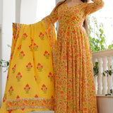 Yellow Cotton Floral Printed Kurta And Palazzo Set