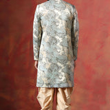 Ash Grey And Cream Printed Cotton Blend Sherwani Set