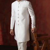 White Cotton Blend Printed Sherwani Set
