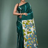 Dark Teal Pure Silk Saree With Stripes Design