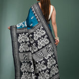 Peacock Blue Pure Silk Kantha Stitched Saree