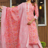Pink Cotton Floral Printed Kurta And Palazzo Set