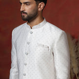 White Cotton Blend Printed Sherwani Set