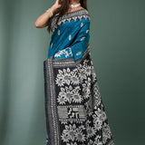Peacock Blue Pure Silk Kantha Stitched Saree
