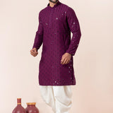 Dark Purple Cotton Silk Embroidered Dhoti Set