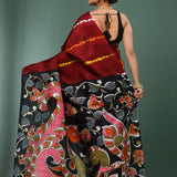 Falu Red Pure Silk Saree With Stripes Design