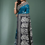 Peacock Blue Pure Silk Kantha Stitched Saree