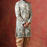 Ash Grey And Cream Printed Cotton Blend Sherwani Set