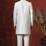 White Cotton Blend Printed Sherwani Set