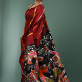 Falu Red Pure Silk Saree With Stripes Design